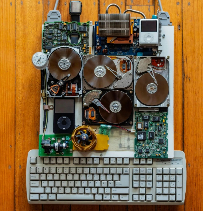 circuit board with iPod Classics beside white computer keyboard